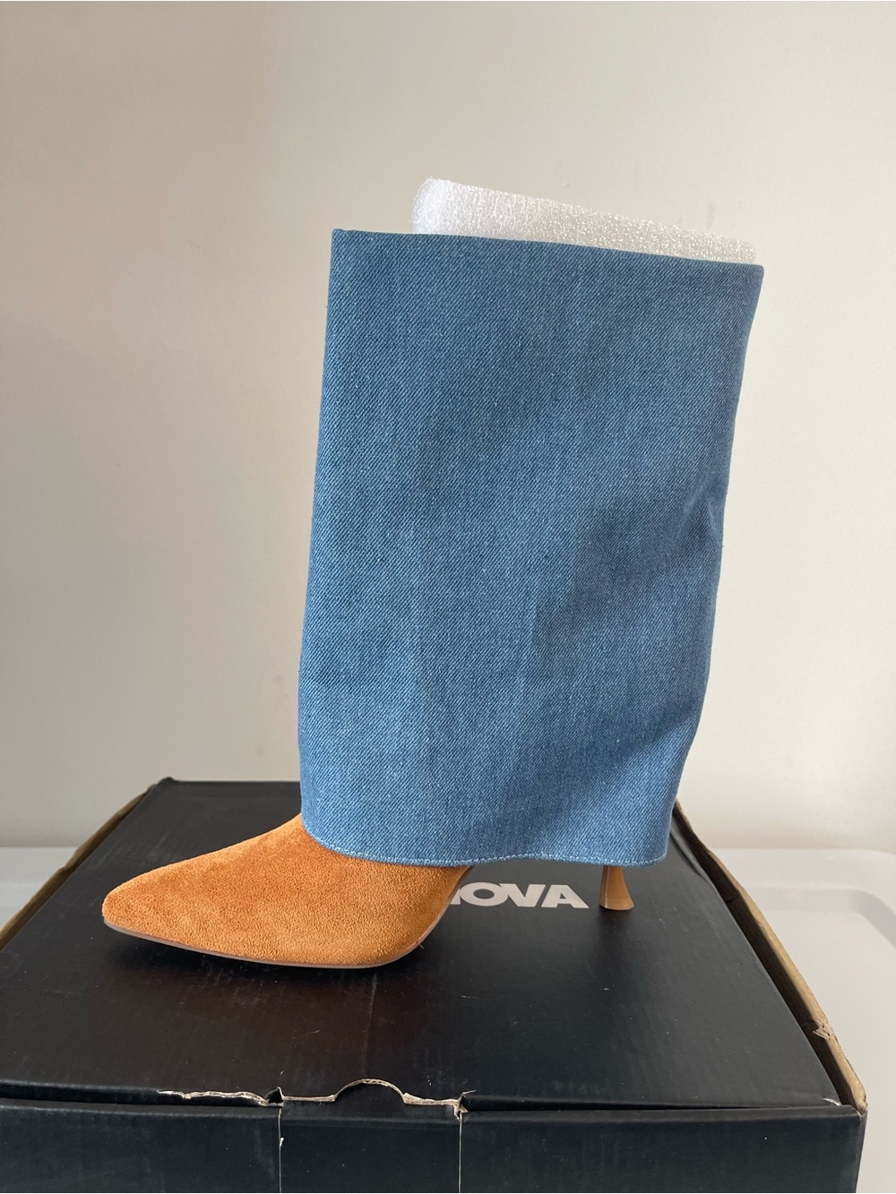 Denim Shaft and Tan Suede Pointed-Heel Boot